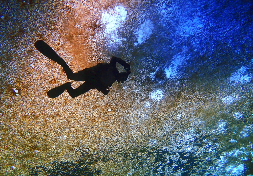 A diver swims beneath colorful sea ice