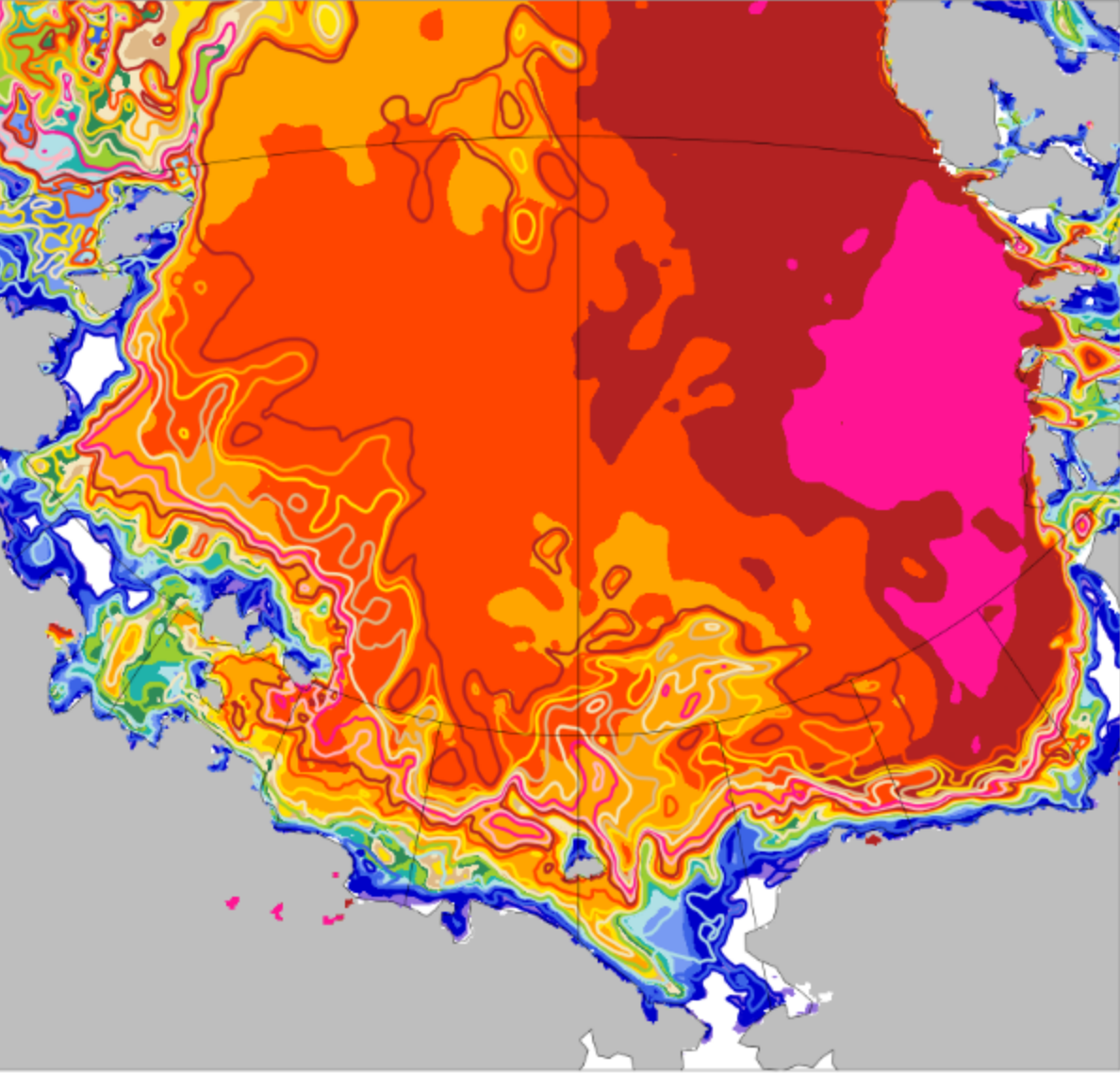A graphic from NOAA showing sea ice thickness as a topographic map.